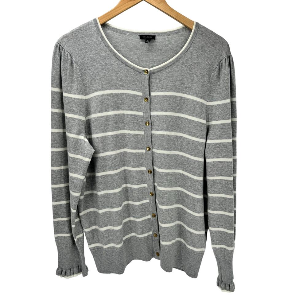 Talbots Sweater Womens XL Cardigan Gray White Stripe Knit Ruffle Wrist Button Up